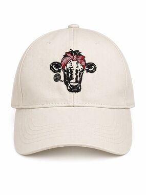 CC Boutique Women's Cream Hat with Embroidered Cow Design Ponytail Cap